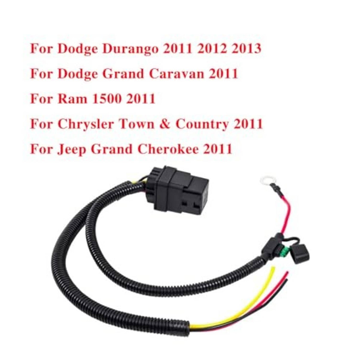 Fuel pump relay wiring harness with black connector plug and multicolor leads