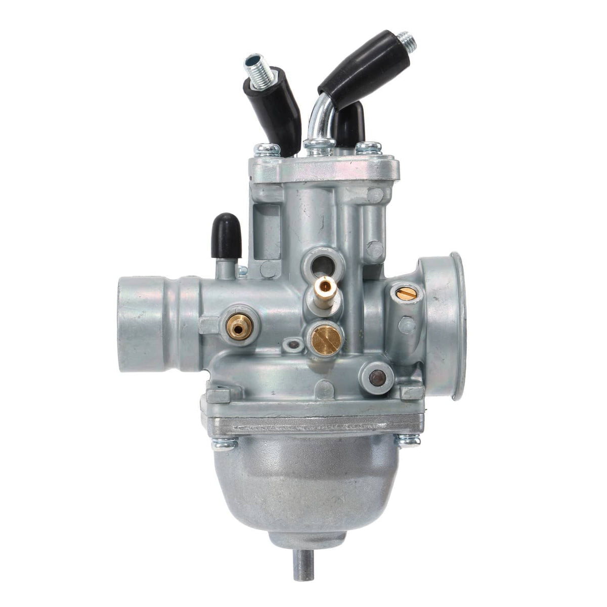 Carburetor with metal housing, brass fittings, and black hose connections