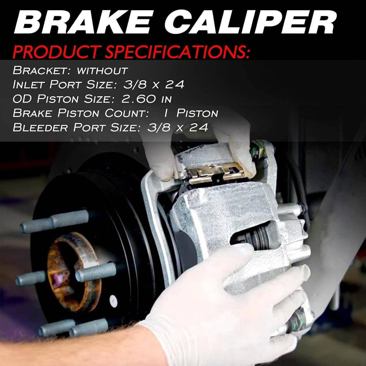 Front left brake caliper installed near brake rotor with hand-held fitment view