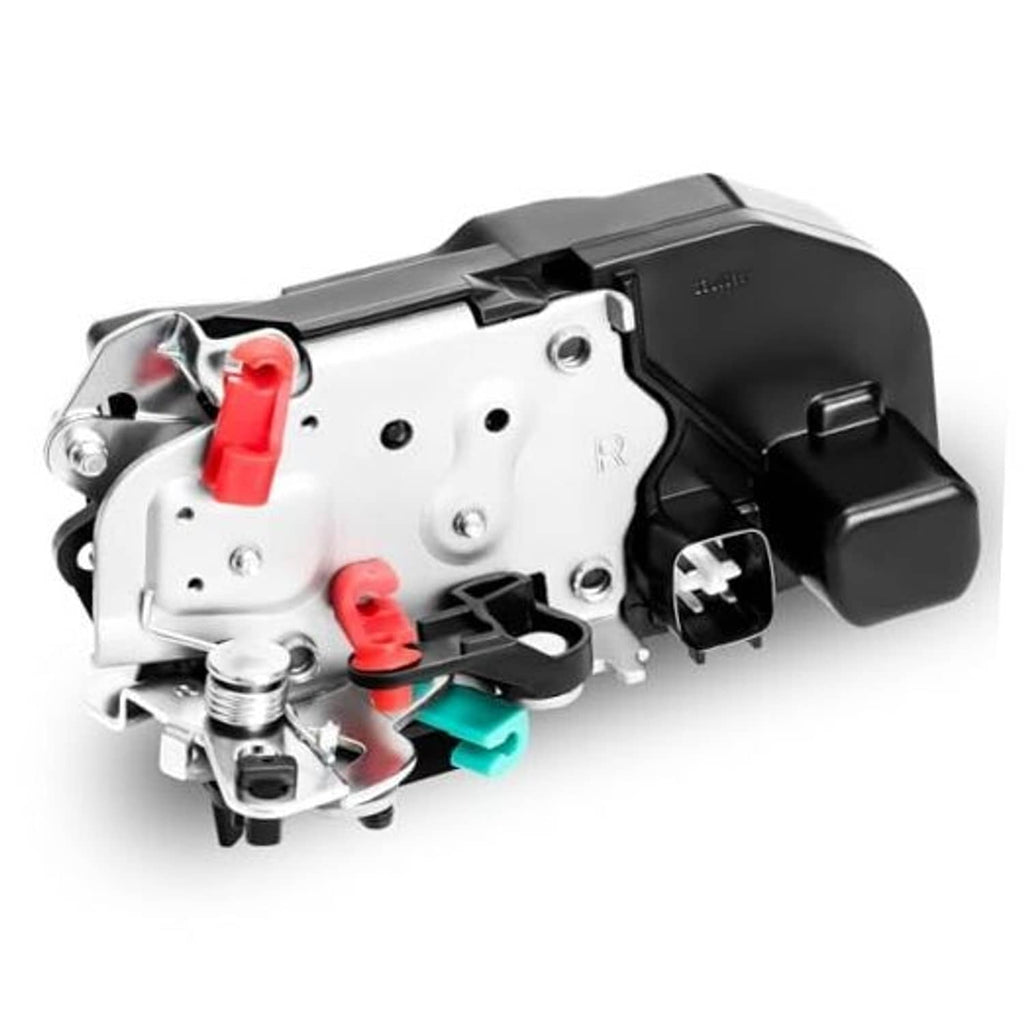 Door lock latch actuator with black housing, red clips, metal plate, and connector terminals