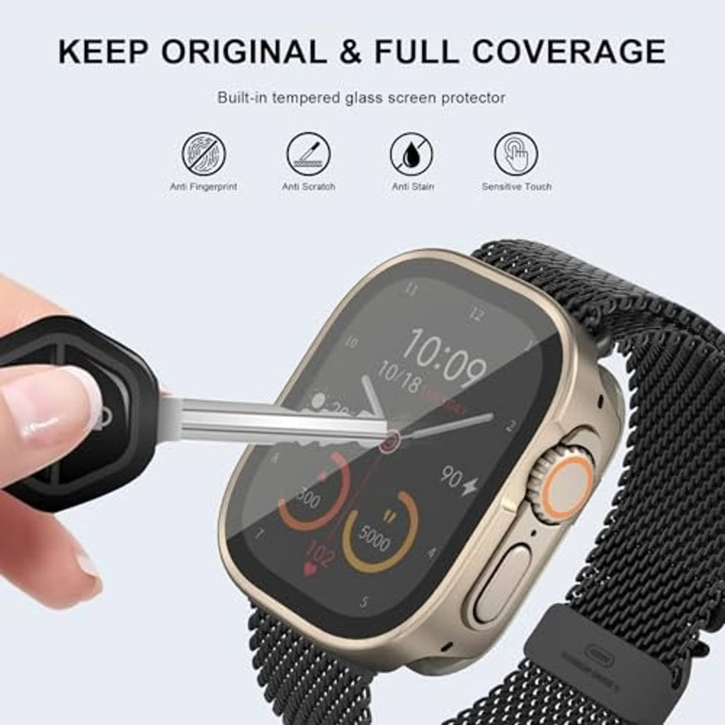 Natural titanium metal case with clear tempered glass screen protector being applied