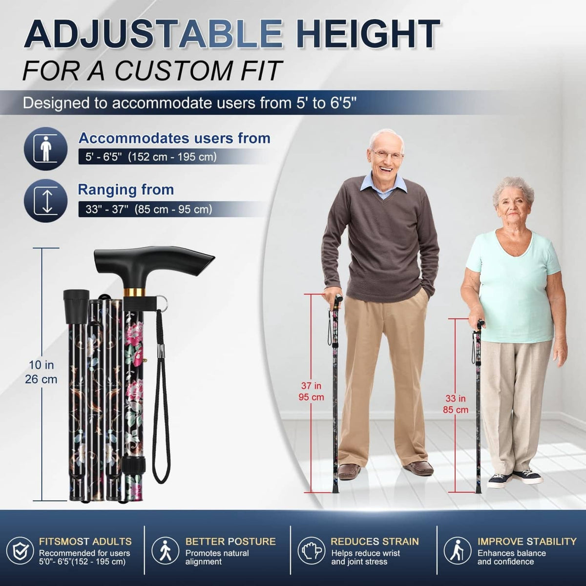 Black floral folding cane with T handle and wrist strap, shown upright for height