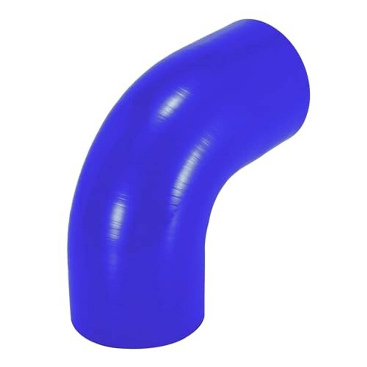 Blue silicone 90-degree hose elbow, side profile with smooth bend and open ends