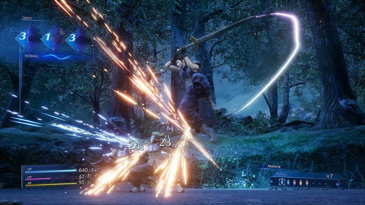 Action gameplay screenshot with characters attacking amid bright sparks and energy