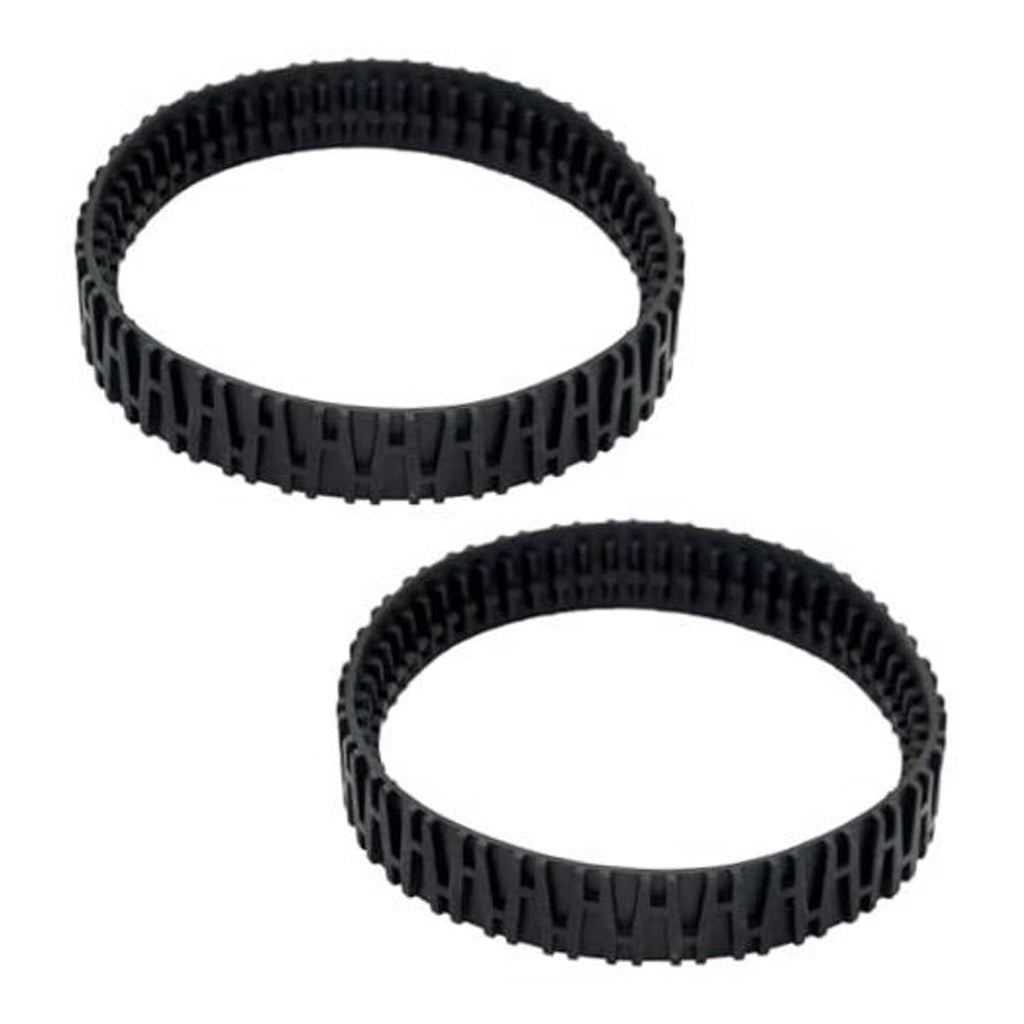 Pair of black rubber pool cleaner tracks with raised tread blocks