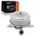 Radiator cooling fan motor with round metal housing, mounting base, and electrical connector