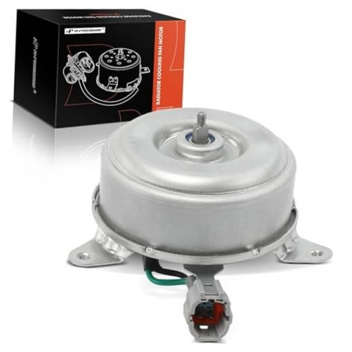 Radiator cooling fan motor with round metal housing, mounting base, and electrical connector