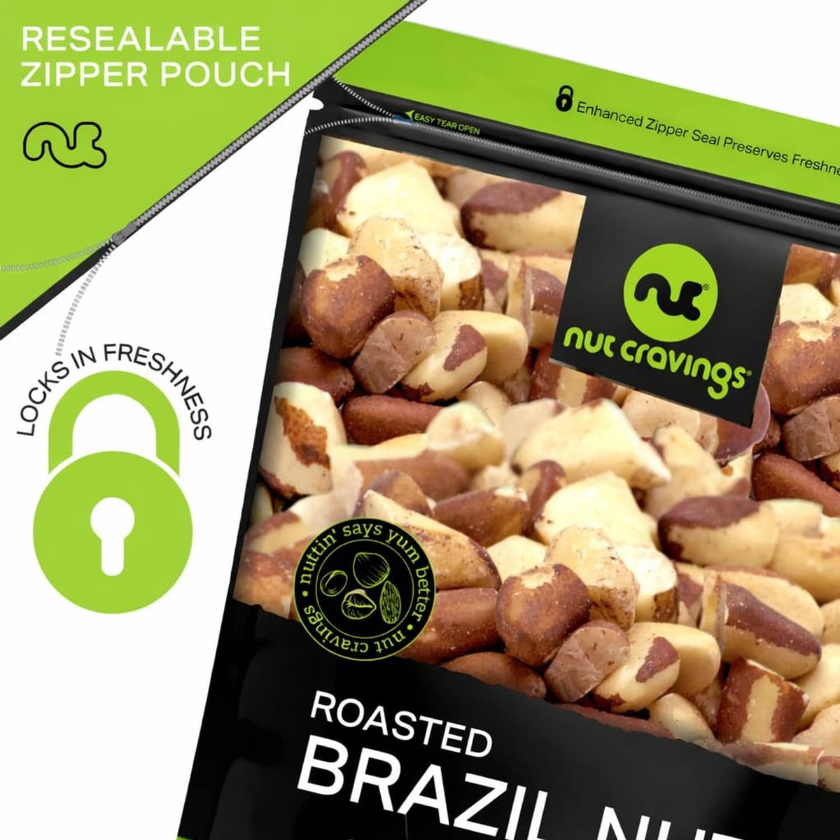 Resealable zipper pouch of roasted Brazil nuts, unsalted, with nuts inside