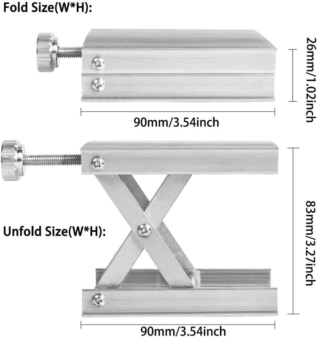 Laboratory lifting platform jack with fold and unfold size diagram, silver metal