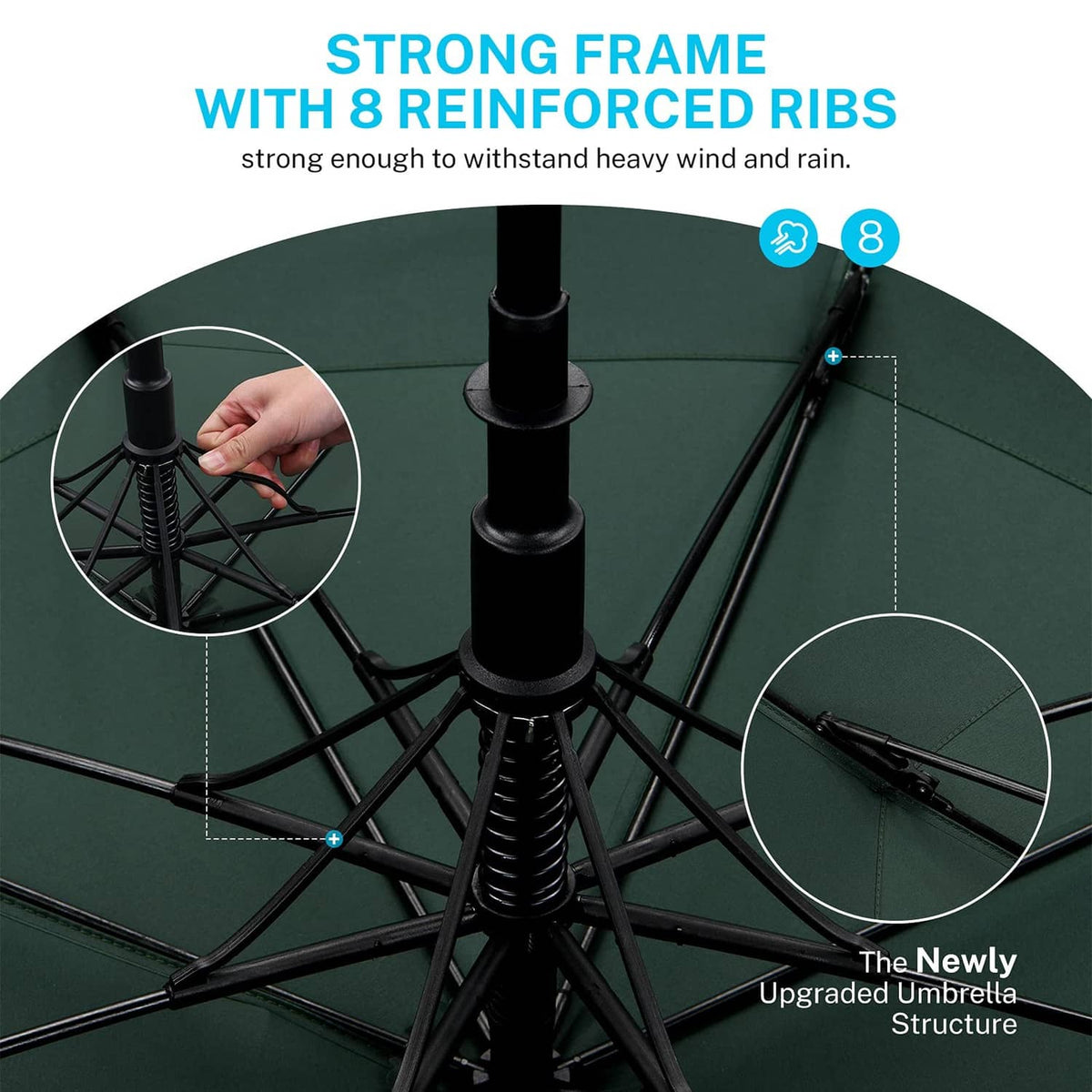 Dark green golf umbrella frame and ribs detail with black support shafts