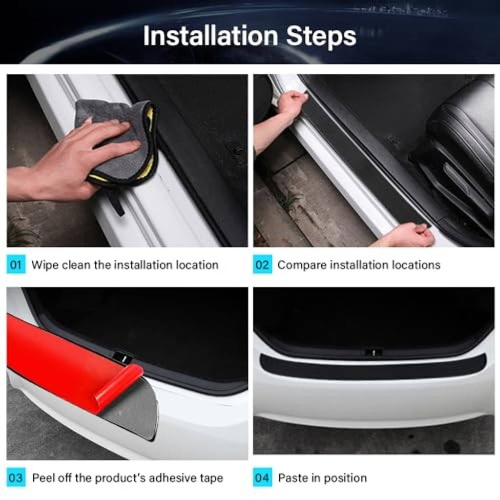 Rear bumper protector cover being installed using adhesive tape on car edge