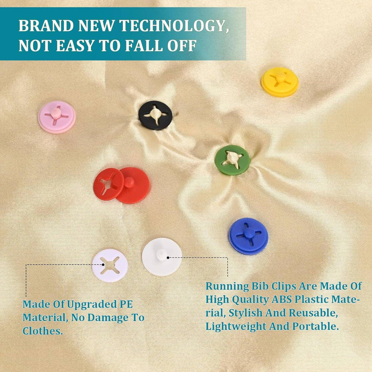Assorted running bib clips with star-shaped center pegs, small multicolor discs on fabric