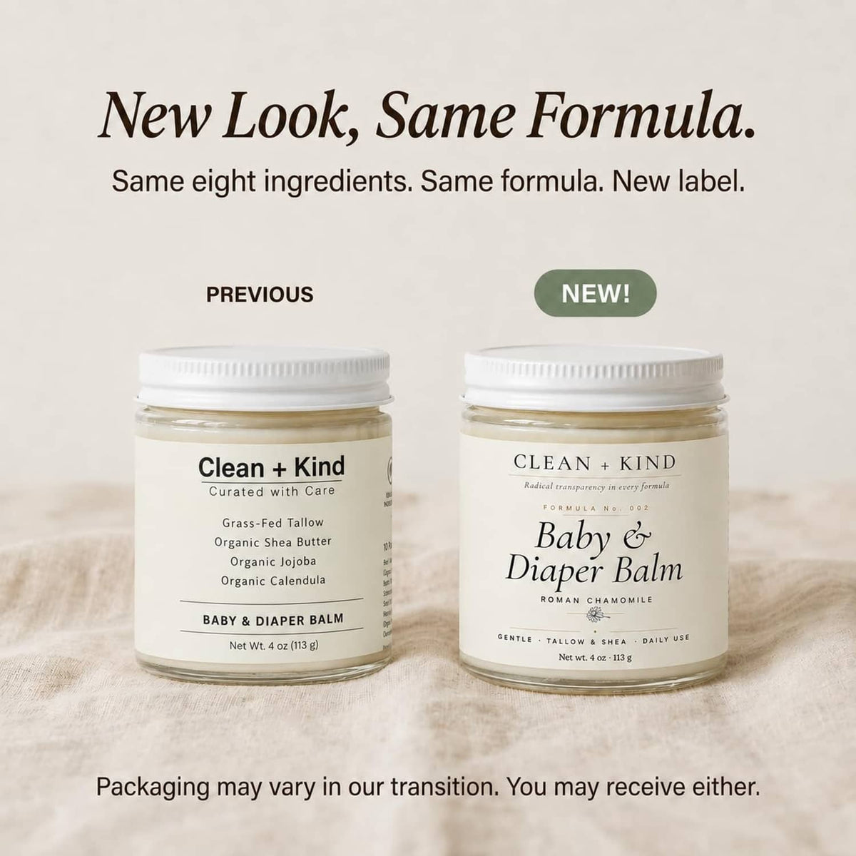 Clean + Kind Baby & Diaper Balm jars showing previous versus new label