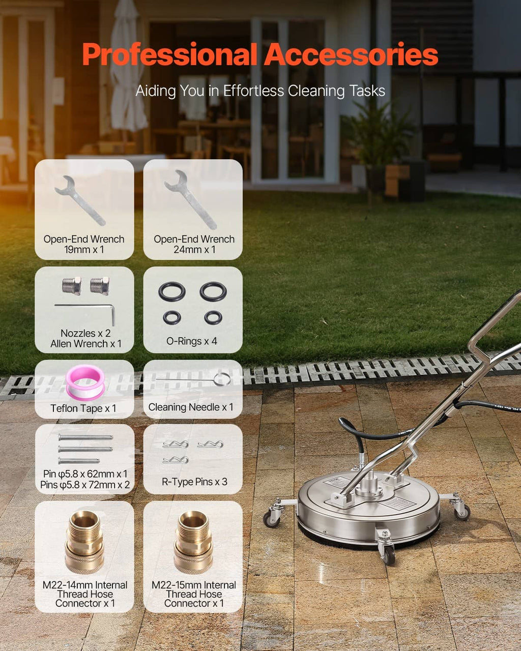 Pressure washer surface cleaner accessory set with wrenches, O-rings, tape, and connectors