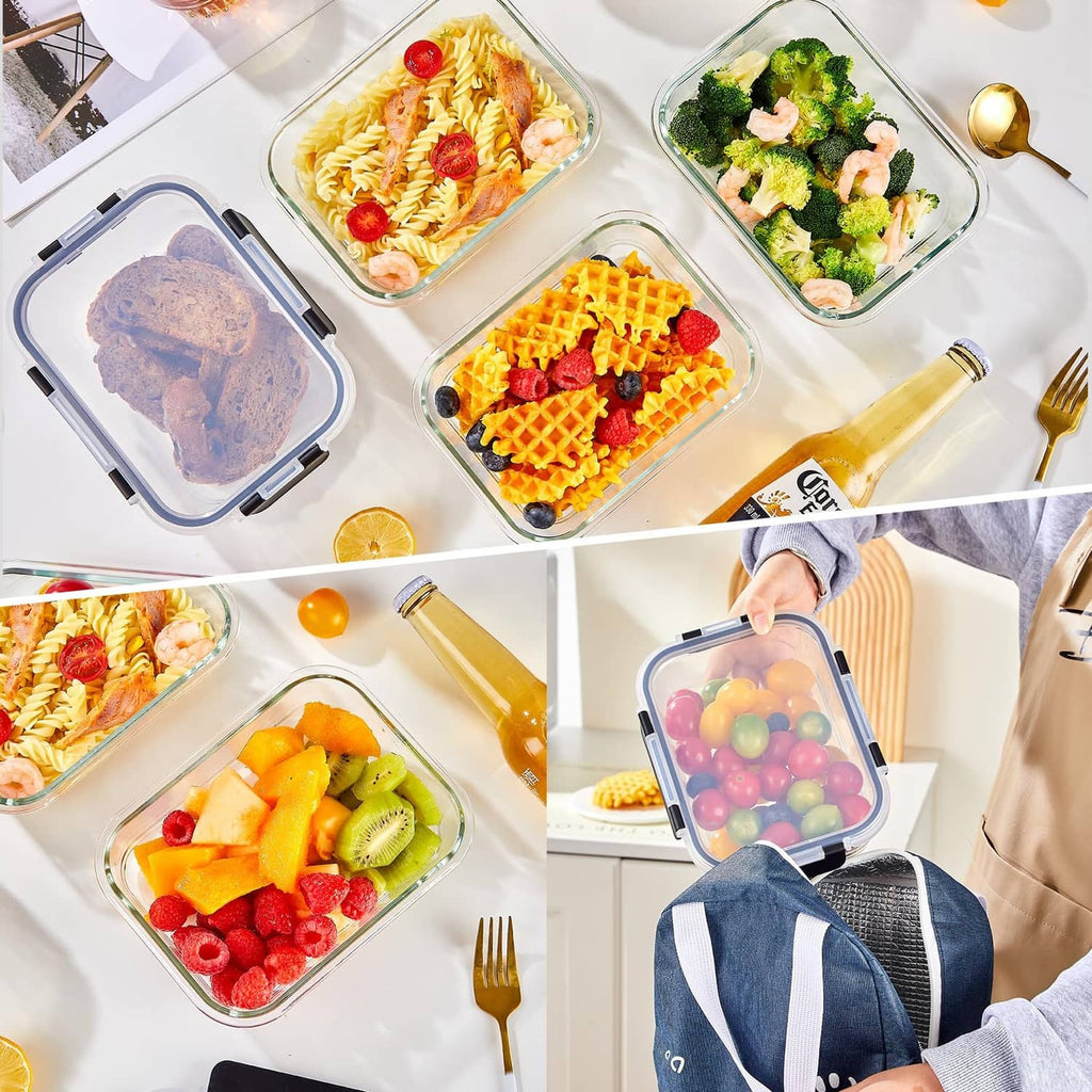 Multi-pack clear glass food containers with black latches, filled with assorted meals