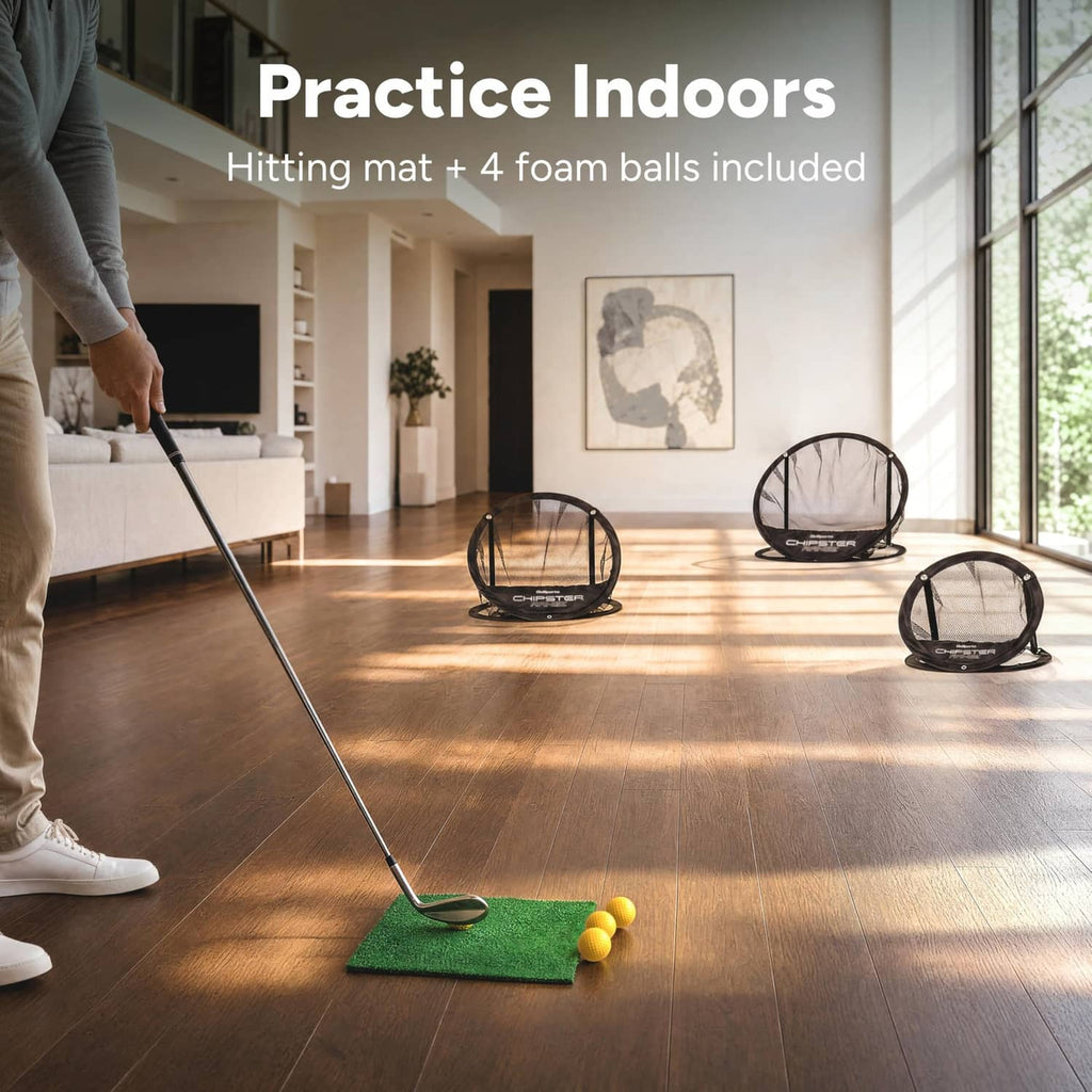 Black golf chipping nets with white mesh and a green hitting mat for indoor practice