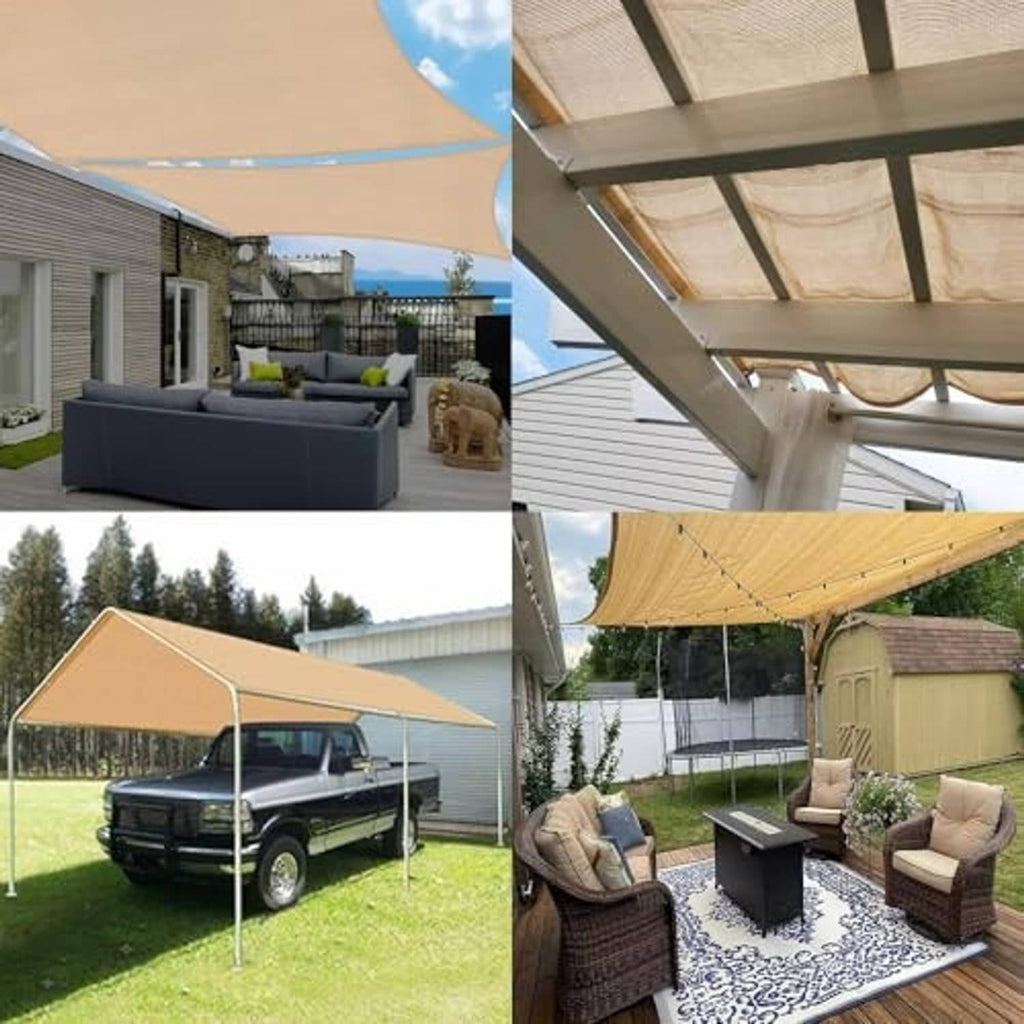 Beige sun shade mesh stretched over an outdoor structure, showing woven grid and grommets