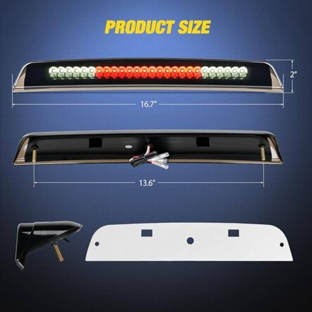 LED third brake light bar with mounting hardware and foam seal, shown with dimensions