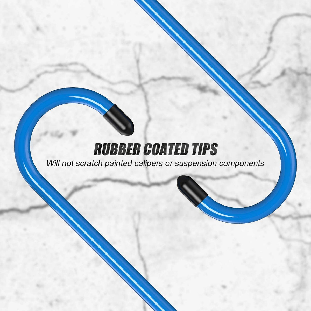 Blue brake caliper hanger hook with black rubber coated tips for scratch protection