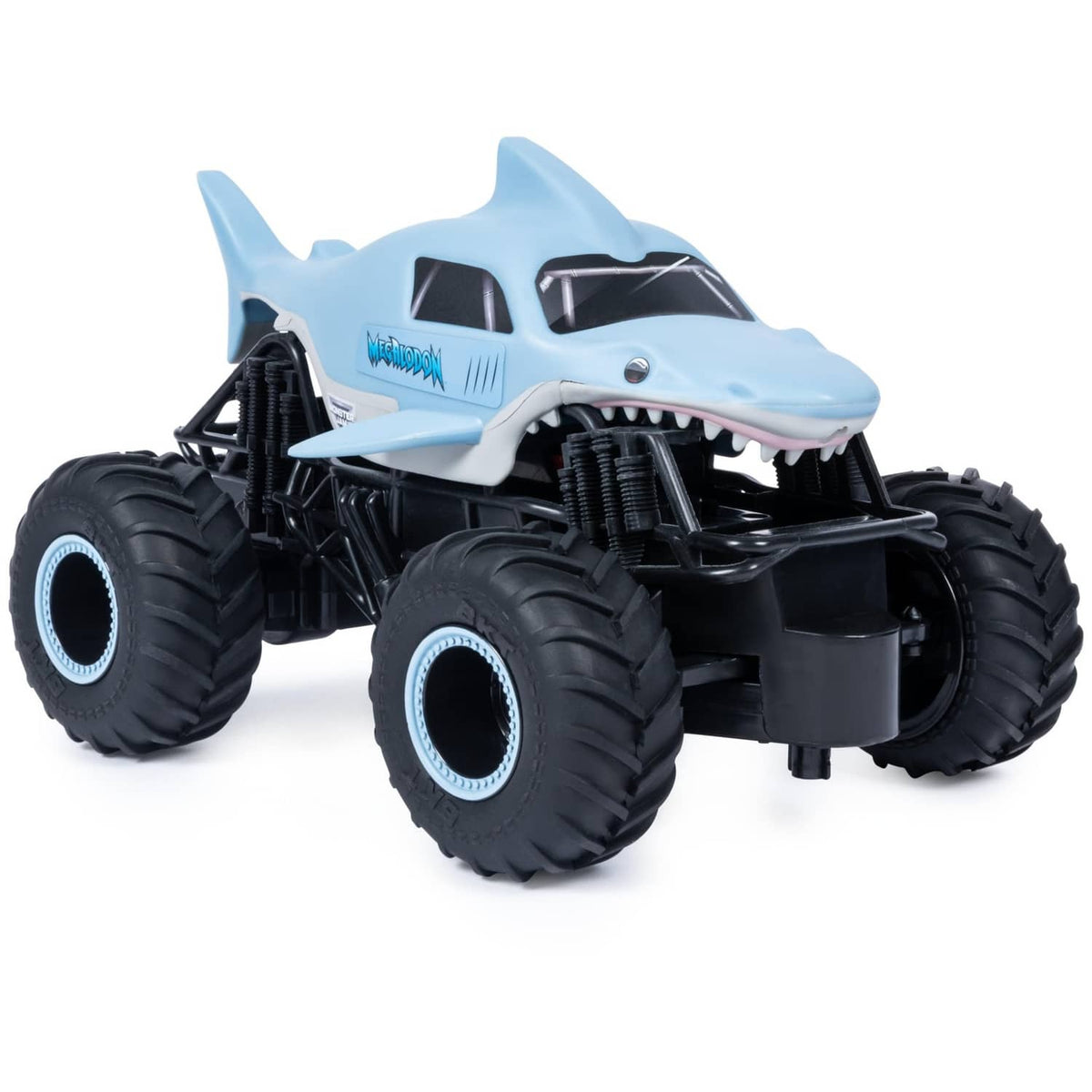 Light blue shark-themed RC monster truck close-up with black roll cage and wheels