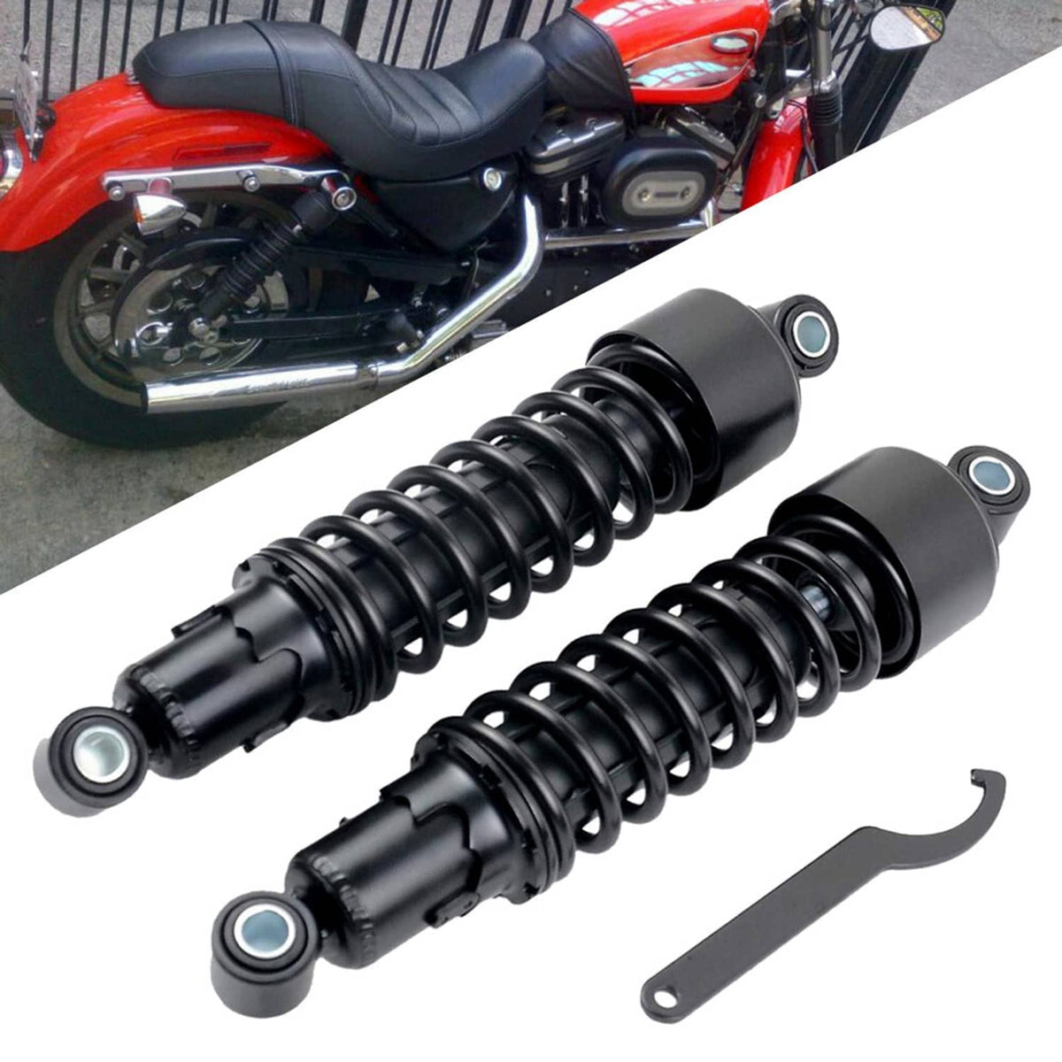 Rear shock pair installed on a motorcycle, black coil shocks with round eyelet ends