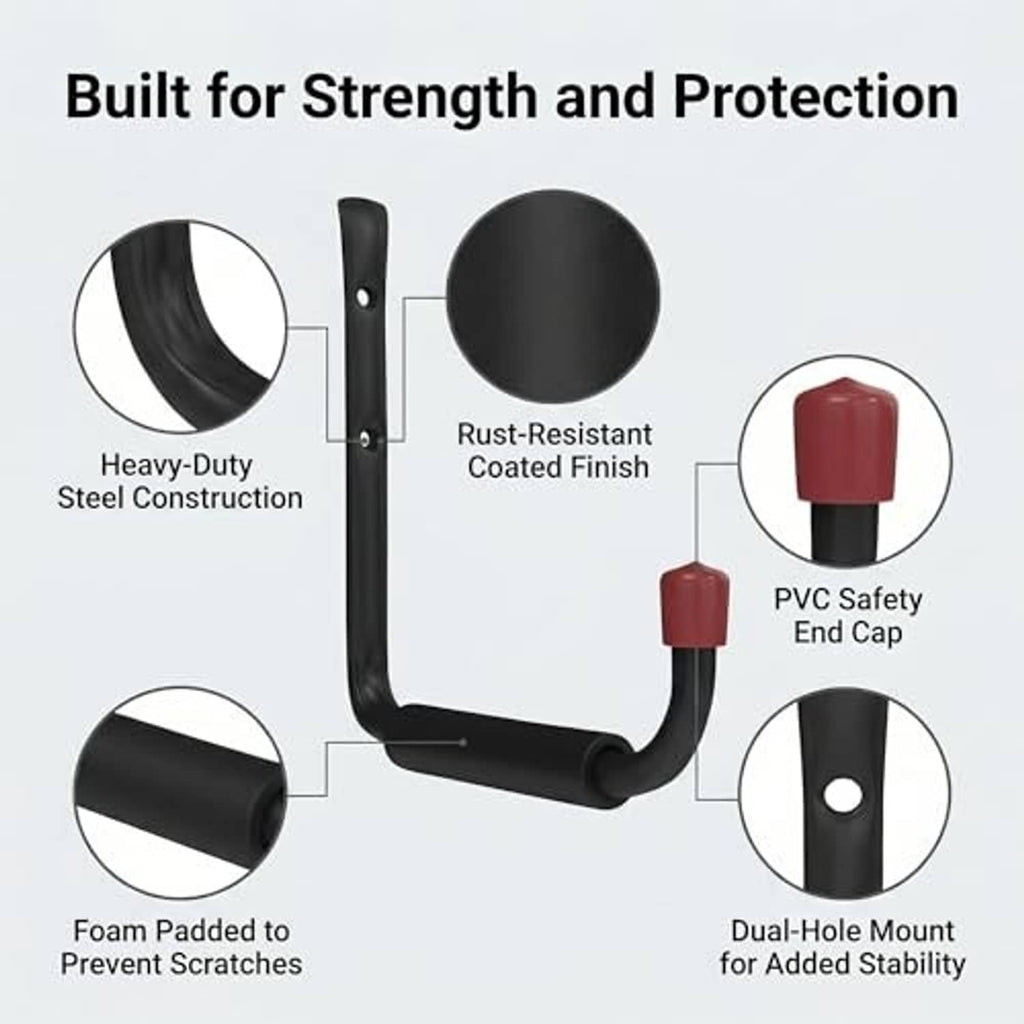 Black steel J hook with red PVC safety end caps, dual mount holes, rust-resistant coating