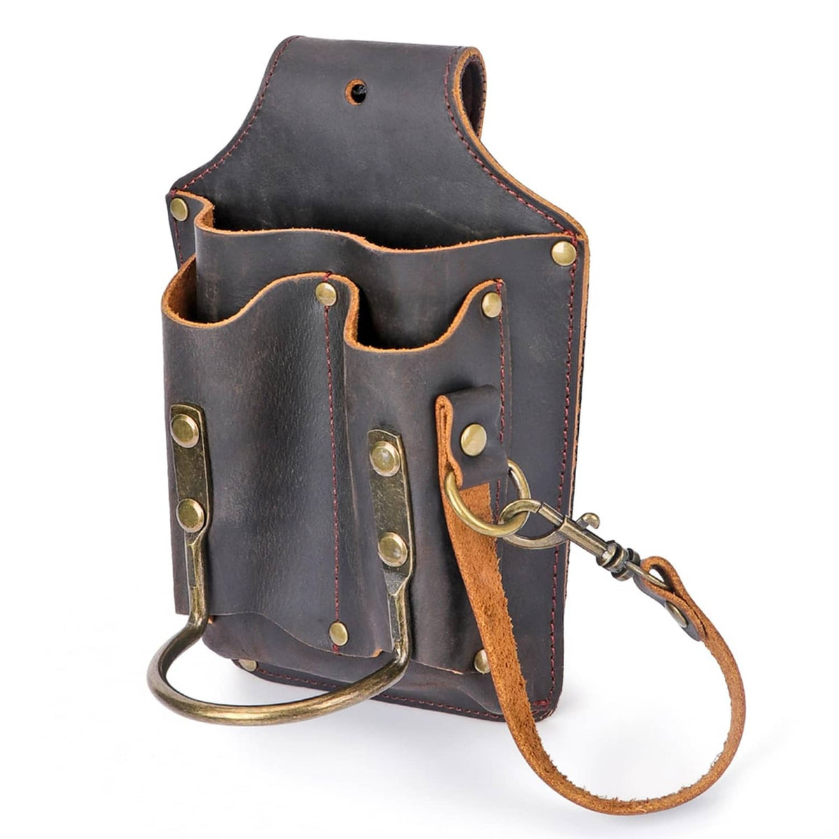 Brown leather tool holster pouch with multiple pockets and brass rivets, lanyard strap