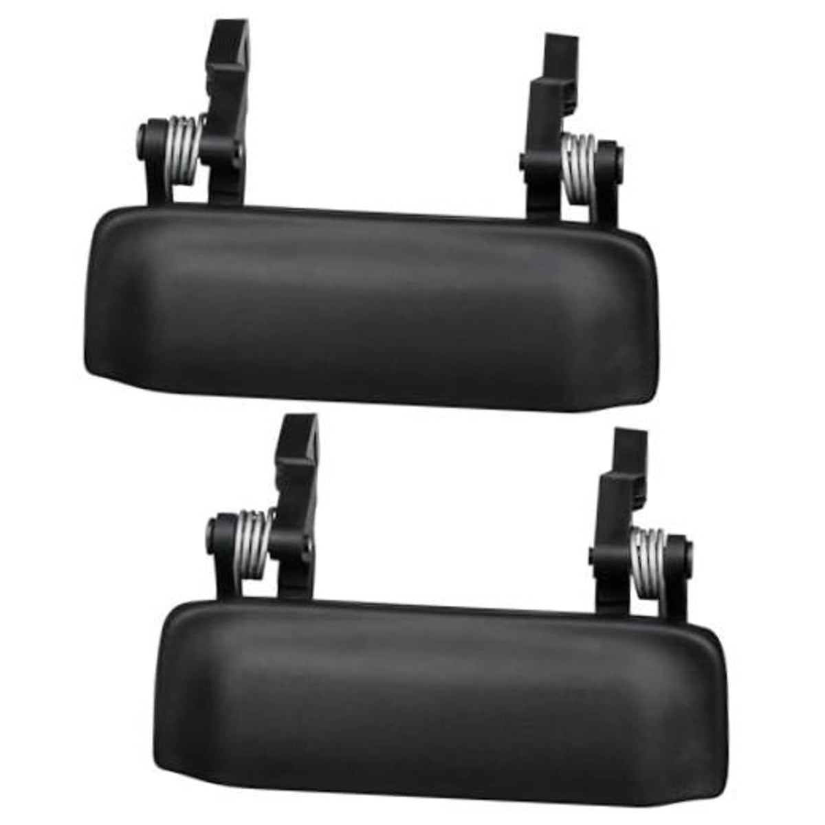 Pair of black plastic exterior door handles with metal spring posts and side clips