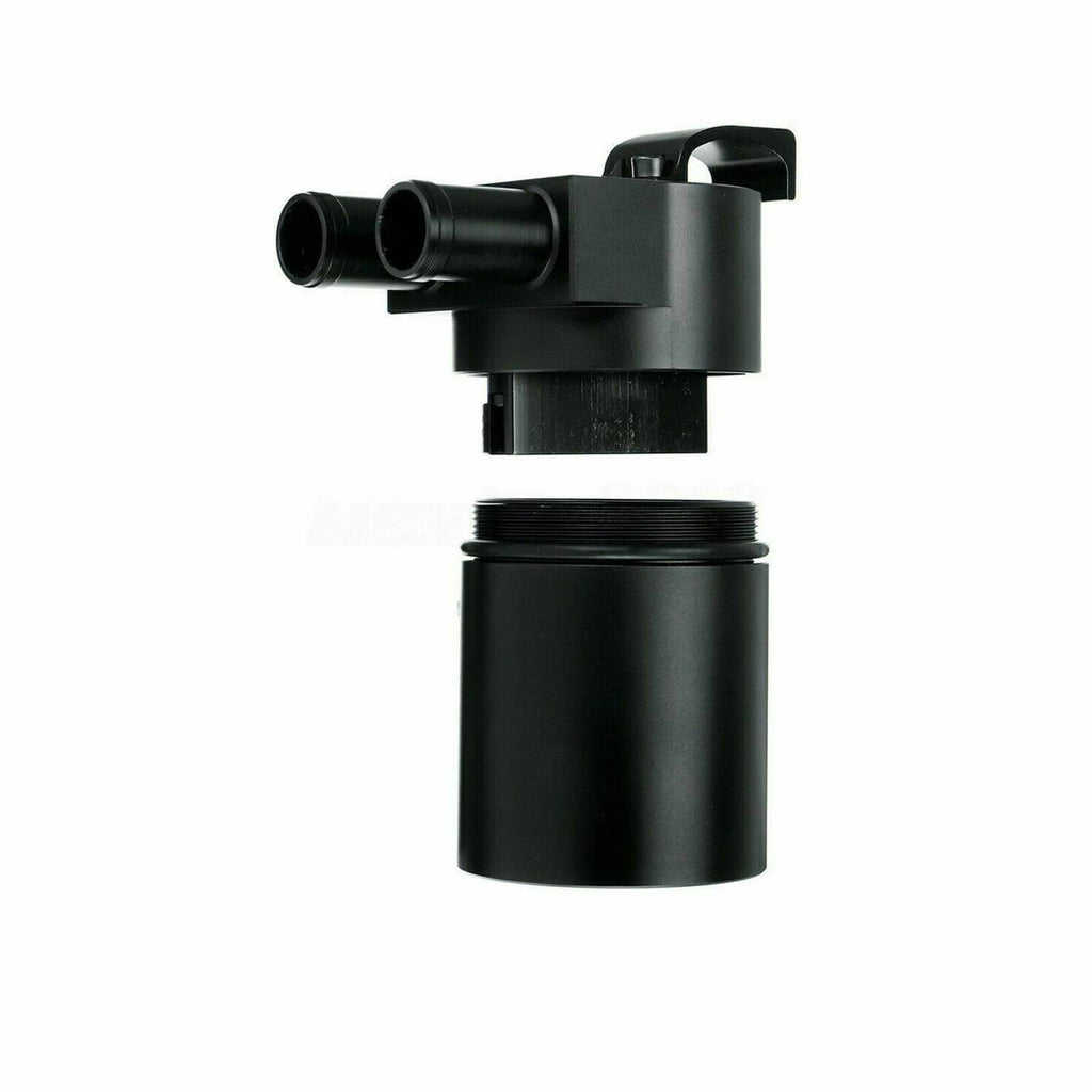 Black oil catch can with dual hose ports and cylindrical tank body