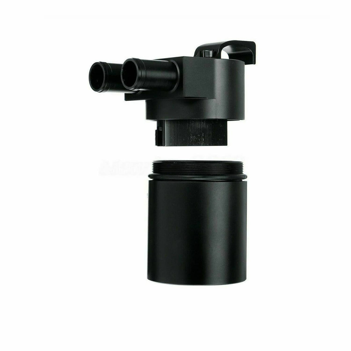 Black oil catch can with dual hose ports and cylindrical tank body