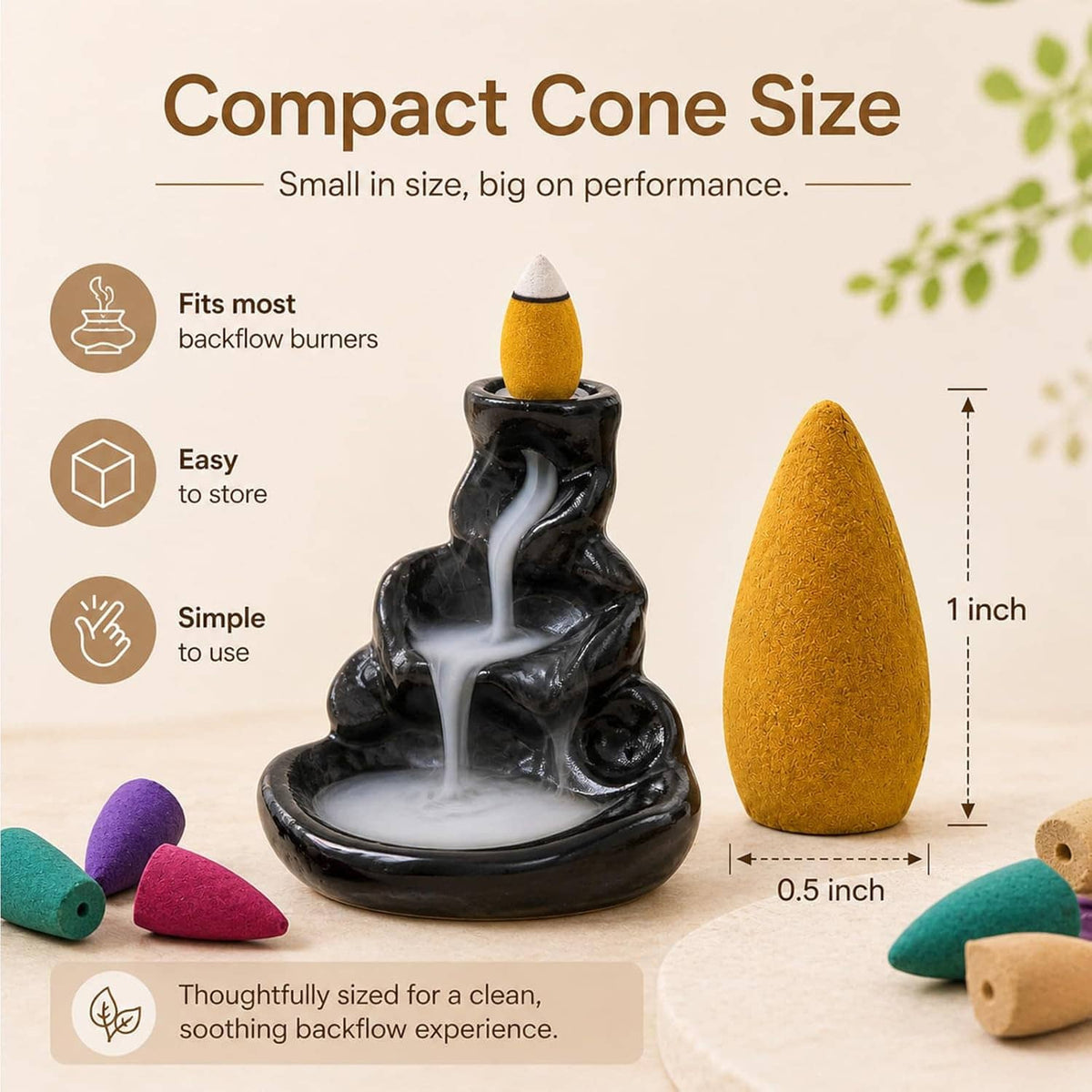 Backflow incense holder with burning cone and colorful incense cones, compact size