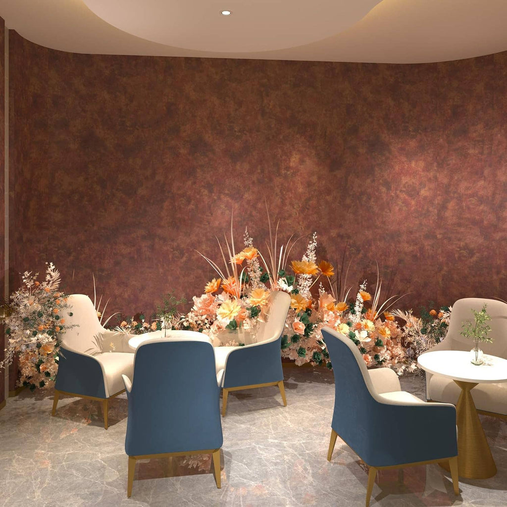 Burgundy metallic textured peel-and-stick contact wallpaper covering the banquet wall