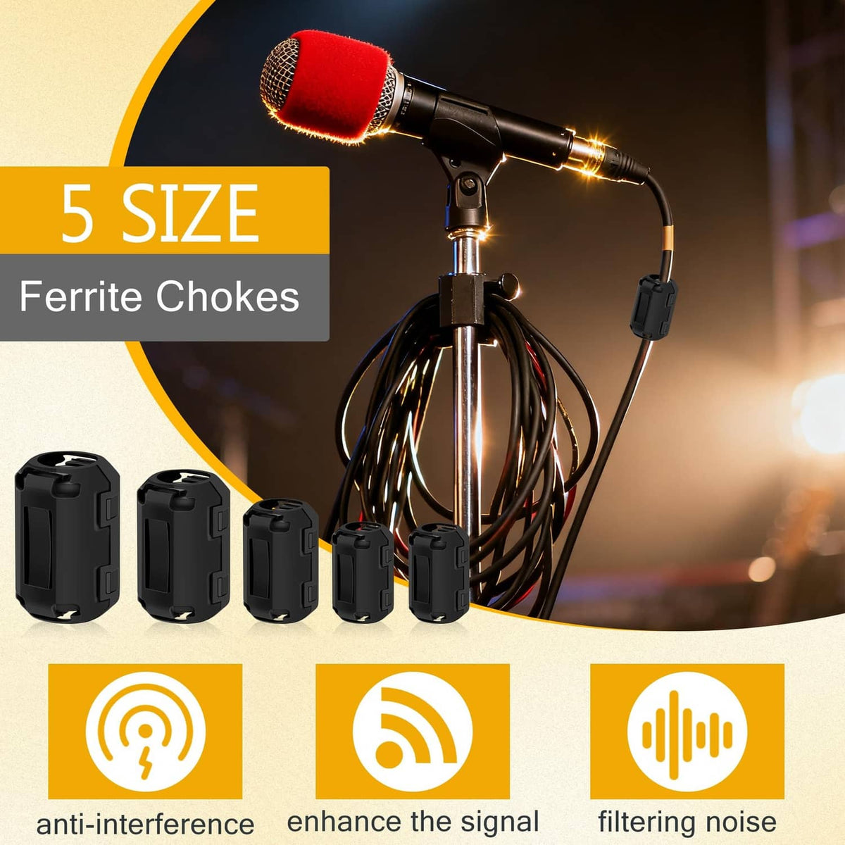 Black snap-on ferrite choke beads for cable noise filtering