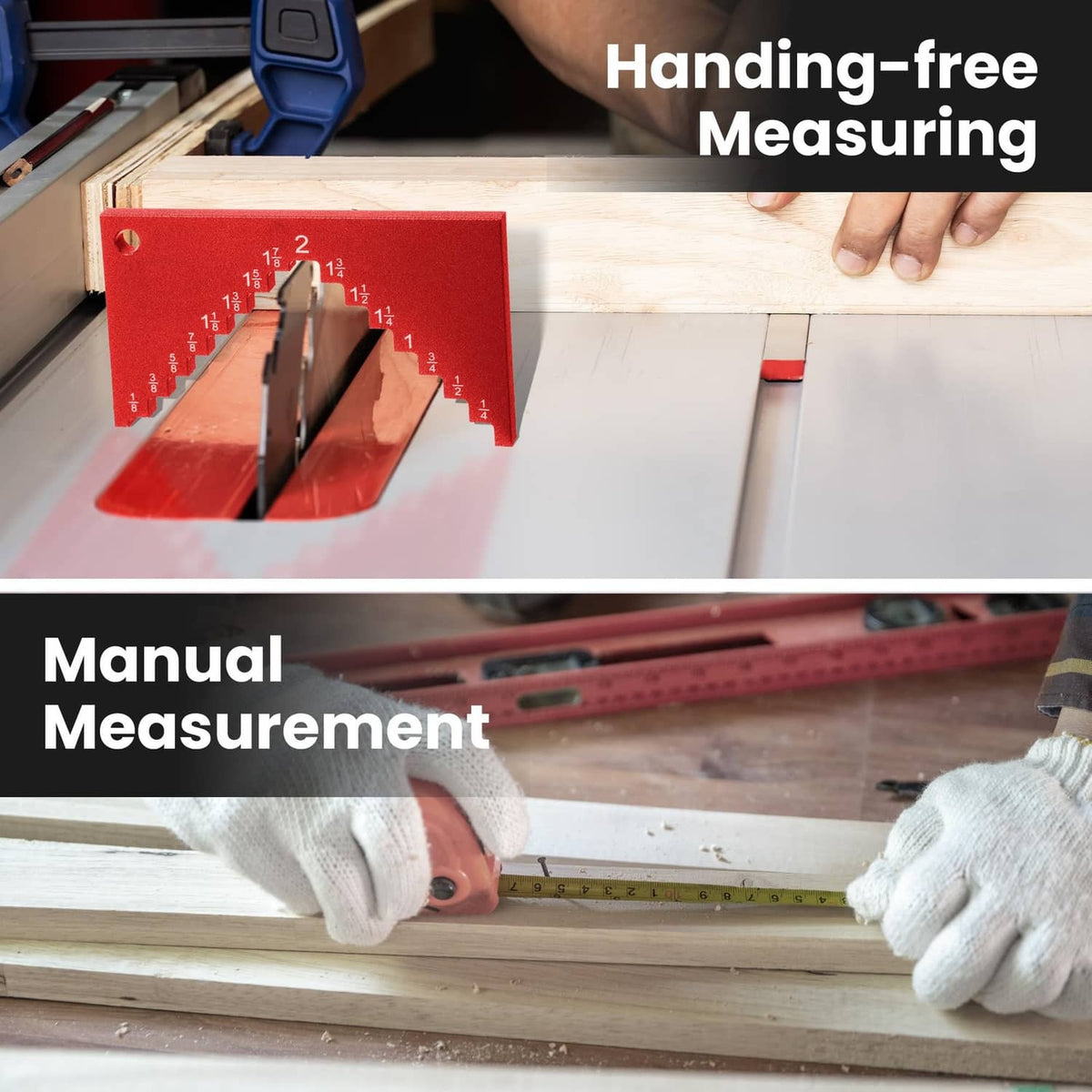 Red aluminum table saw height gauge aligned on lumber for manual measuring