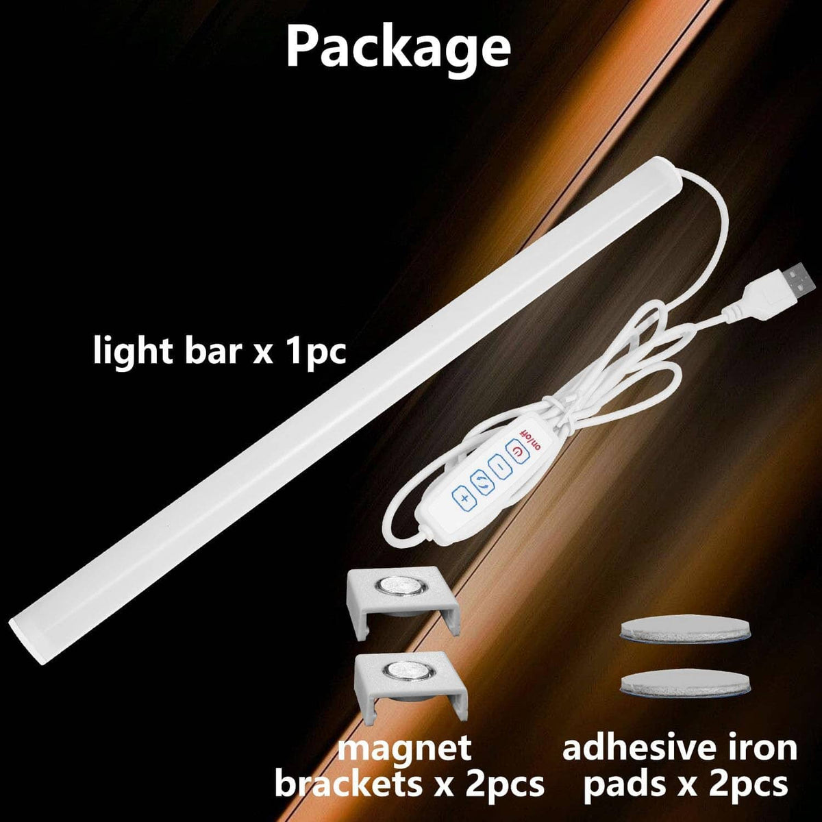 LED light bar kit: 12-inch light bars, USB cable, magnet brackets, adhesive pads
