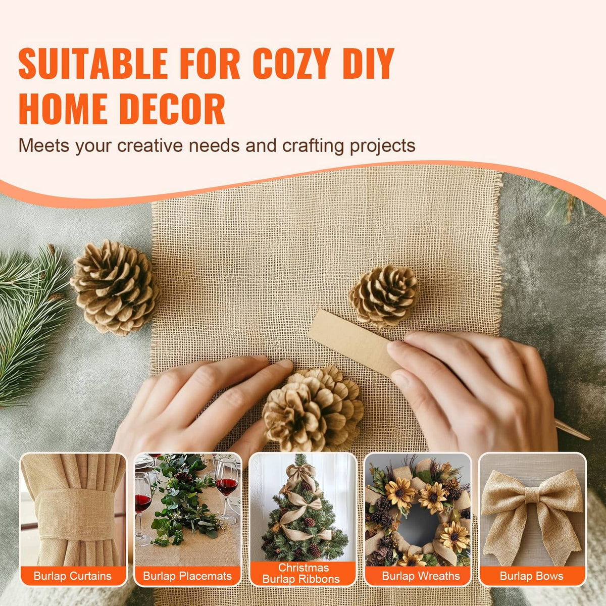 Natural burlap fabric panels with hands adjusting a square wrap