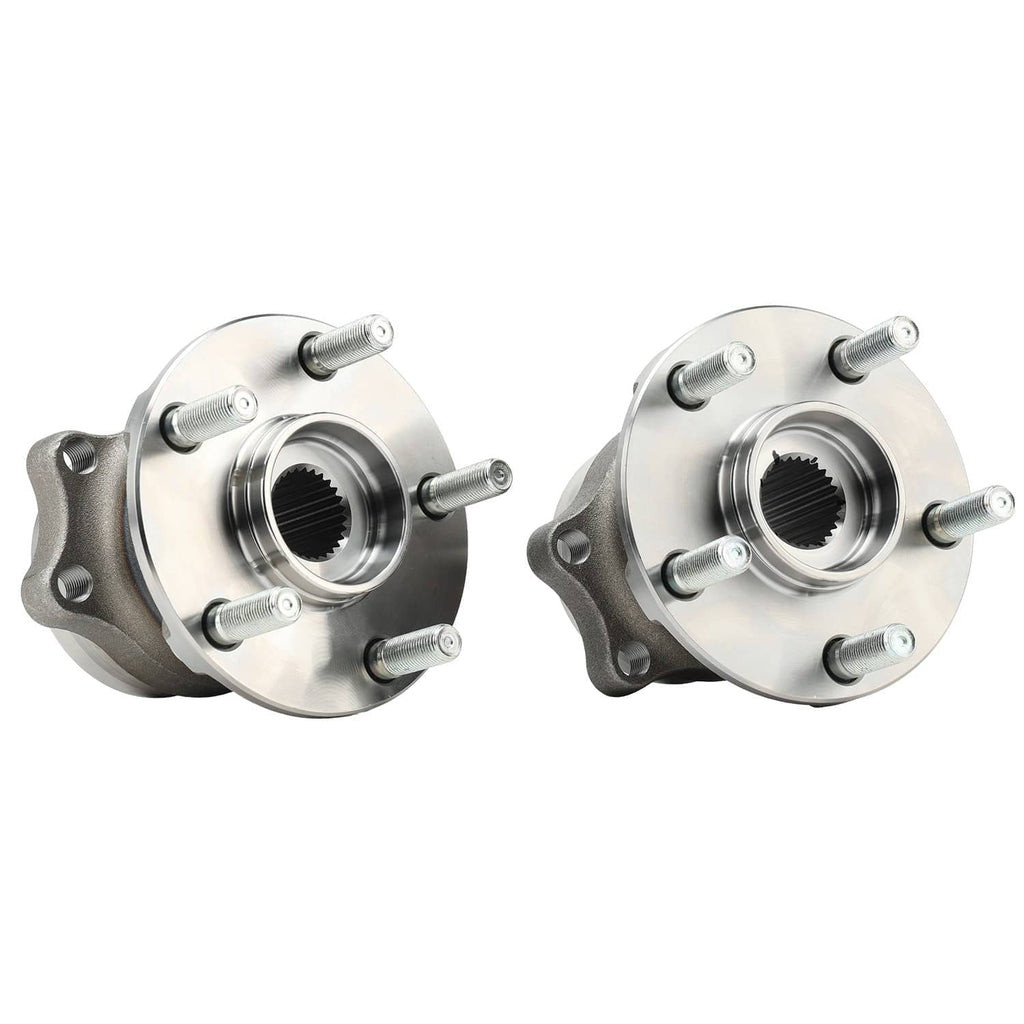 Pair of rear wheel bearing hubs with splined center bores and three visible bolt holes
