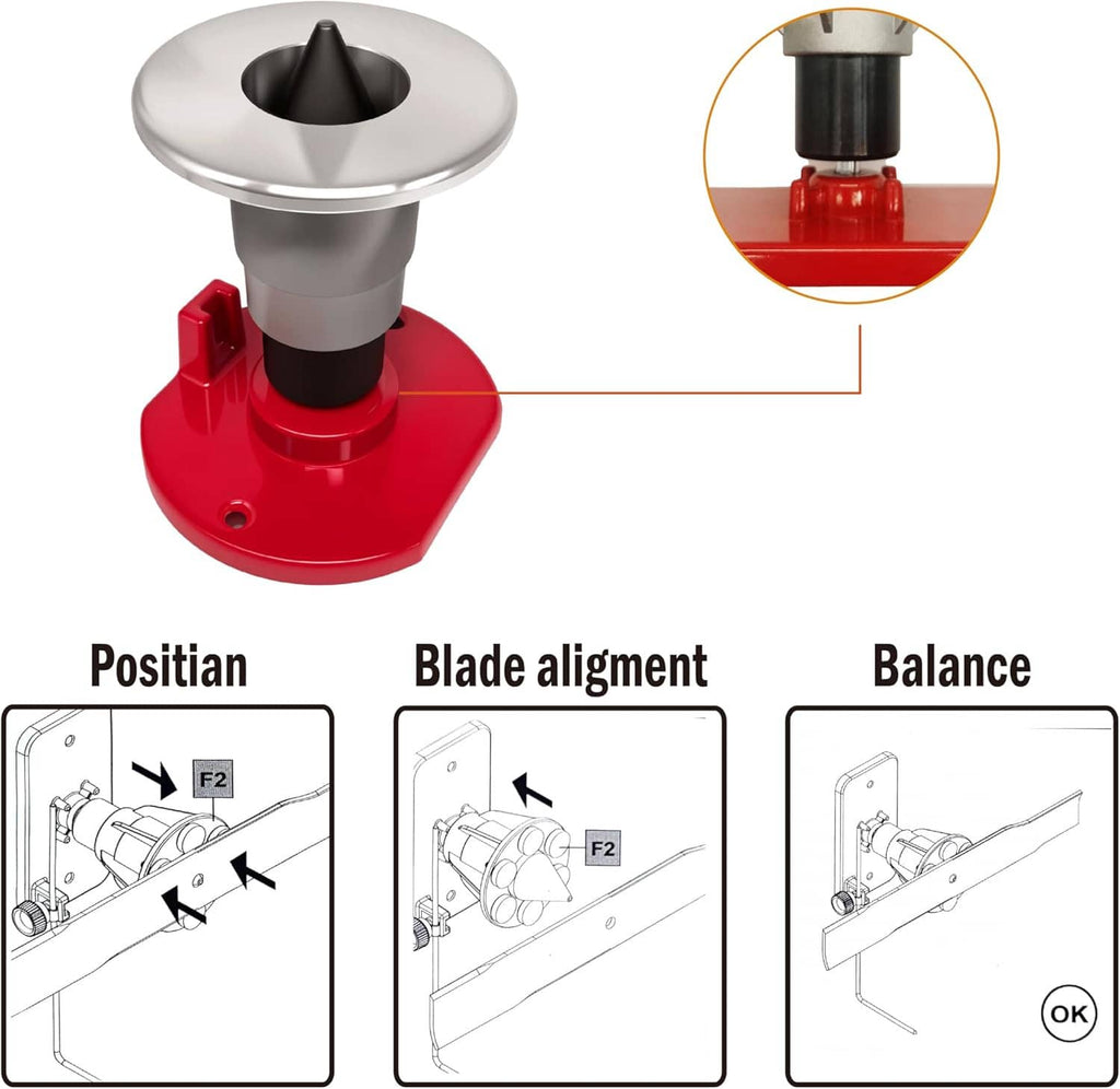 Magnetic blade balancer on red mount base with silver cone, plus alignment and balance diagrams