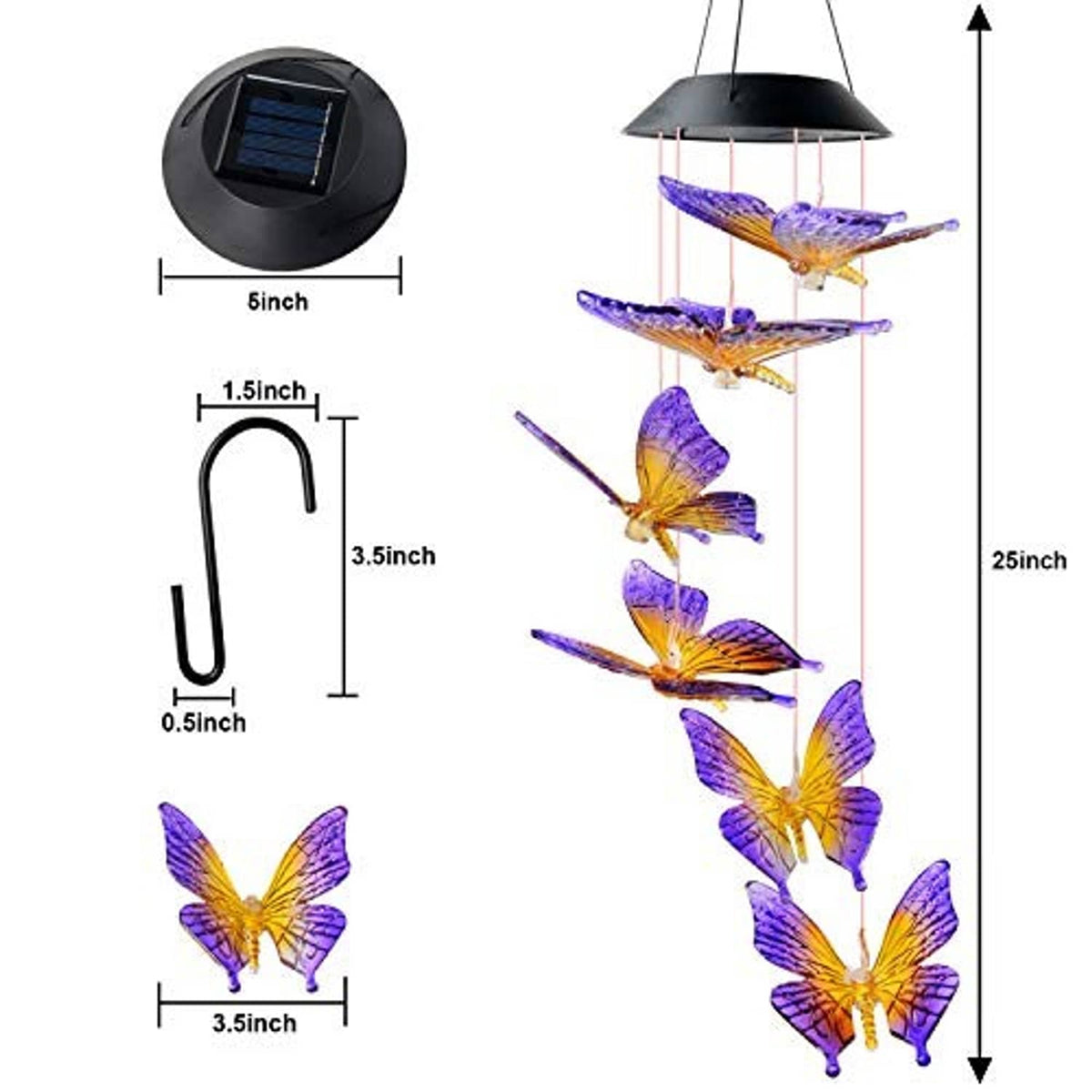 Solar wind chime with butterfly ornaments, solar panel, hook, and size diagram