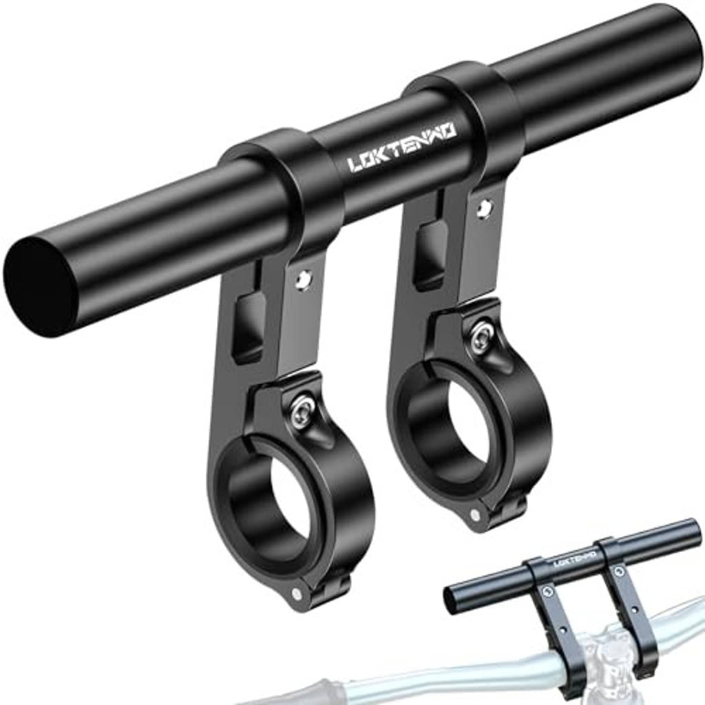 Black aluminum handlebar extension with dual clamps and two adjustable mounting holes