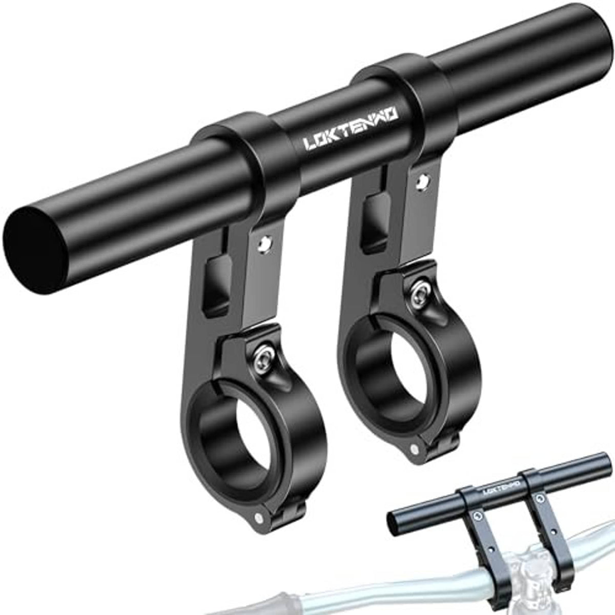 Black aluminum handlebar extension with dual clamps and two adjustable mounting holes
