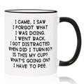 White 11oz mug with black handle and rim, printed joke about turning 80.