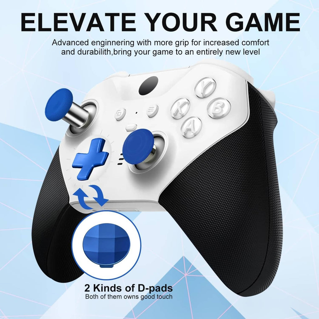 White controller with blue D-pad and analog thumbstick replacements
