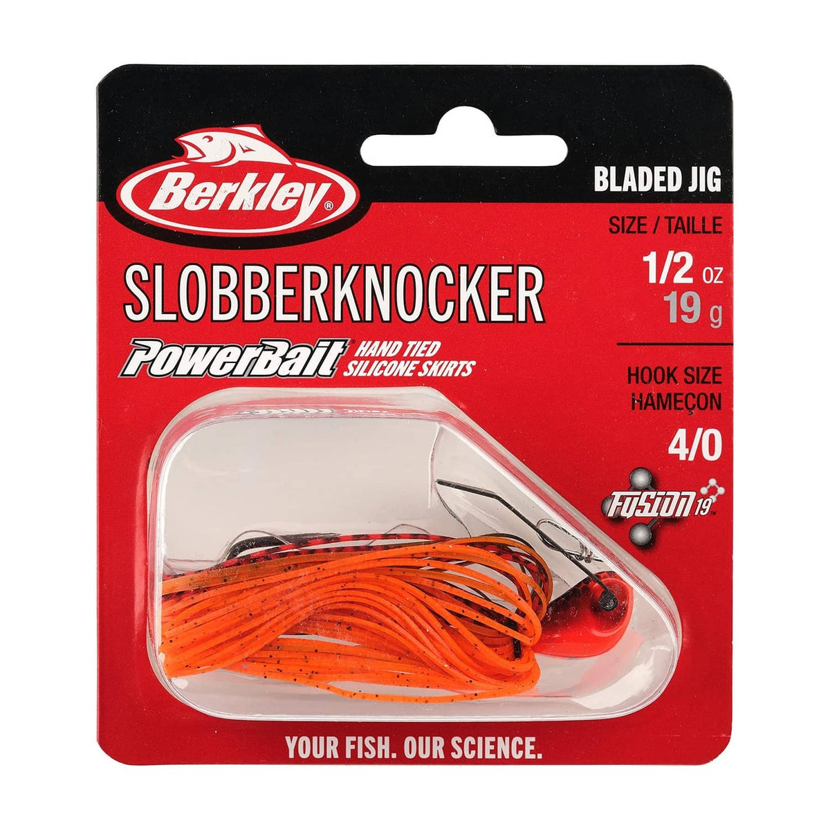 Berkley Slobberknocker bladed jig package with orange silicone skirt and hook size 4/0.