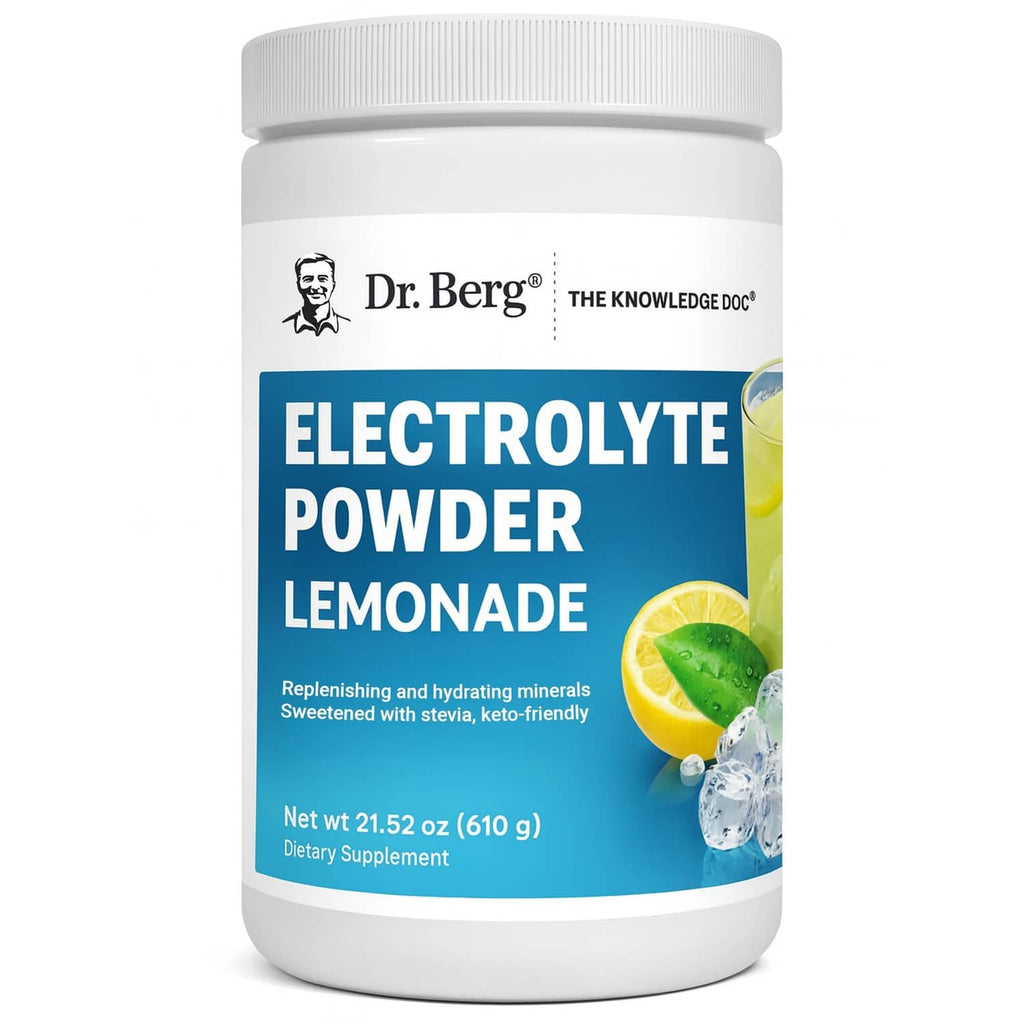 Dr. Berg Electrolyte Powder Lemonade supplement jar with white lid and blue label