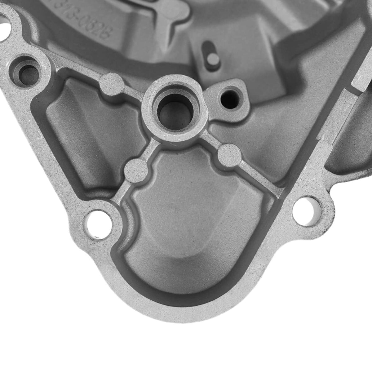 Left crankcase stator engine cover inner details, light gray with ports and bolt holes