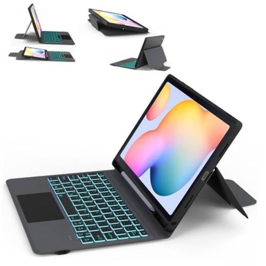 Black Galaxy Tab S6 Lite keyboard case with stand and blue backlit keys