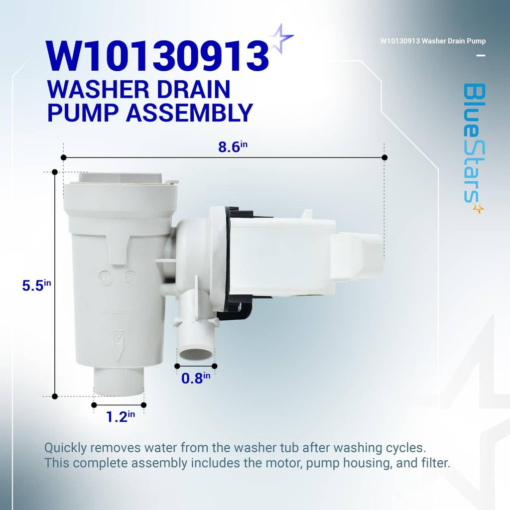 Washer drain pump assembly diagram with 8.6 in and 5.5 in dimensions, white