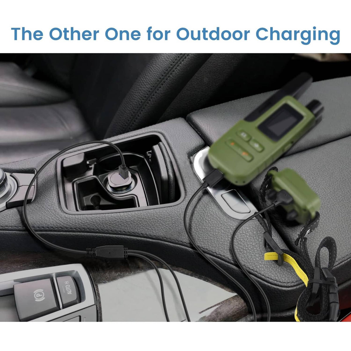 Black charging cable connected to a shock collar charger device with USB ends