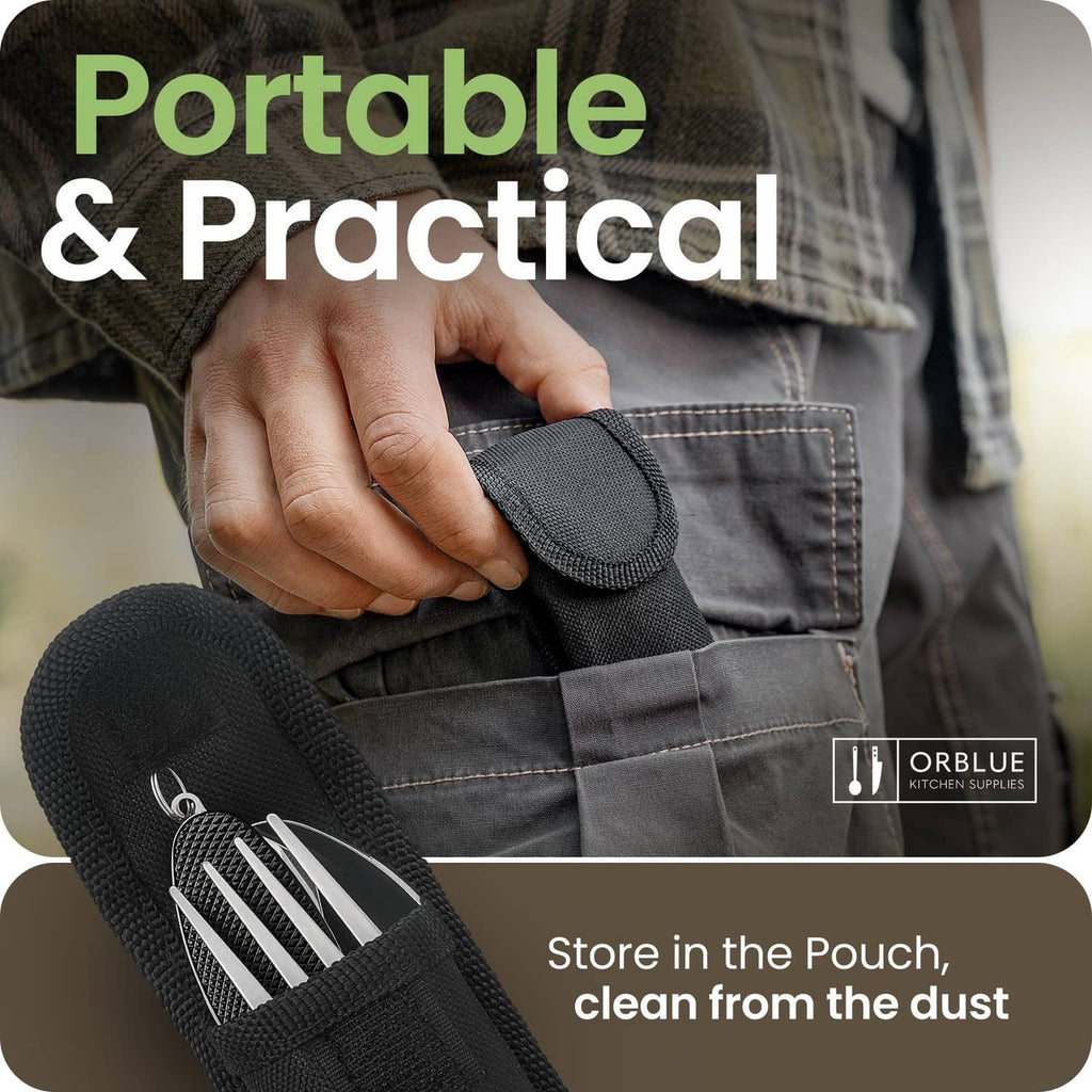 Black camping utensil set stored in zippered fabric pouch, hand opening pocket